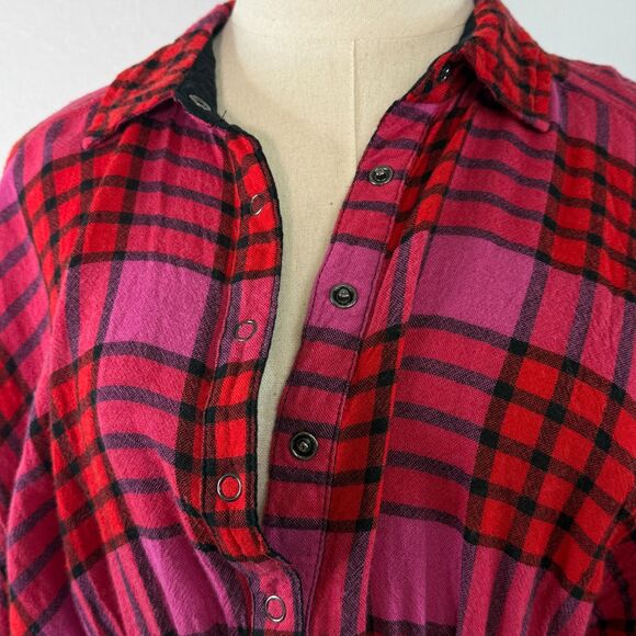 We the Free Free People | Pacific Dawn Red Pink Plaid Distressed Shirt | Sz S - Picture 11 of 12